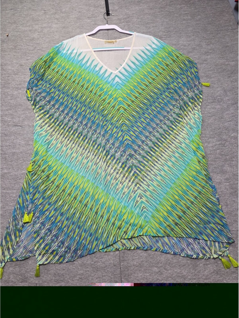 Bleu Rod Beattie Women's Medium Swimsuit Cover Up Blue Green Tassel V Neck Sheer